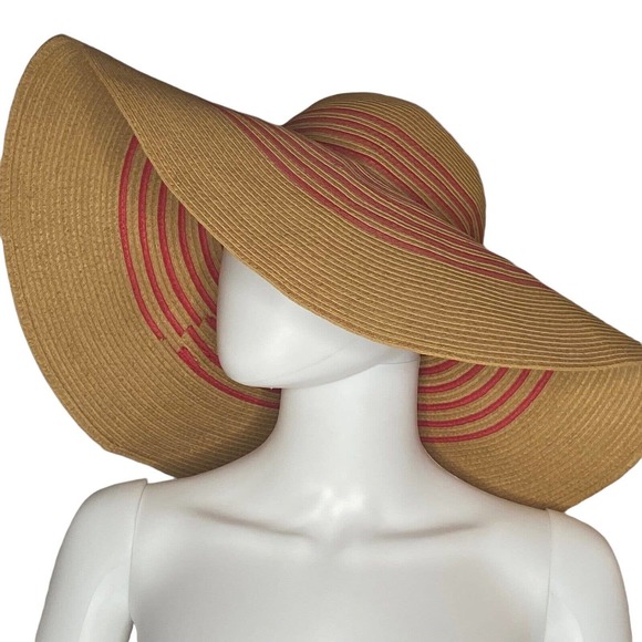 J. Crew Tan & Red Striped Oversized Floppy Straw Sunhat w/ 6" brim One Size